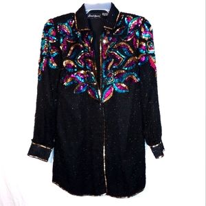 1970s Vintage Jewel Queen Sequin Beaded Blazer Jacket with Shoulder pads